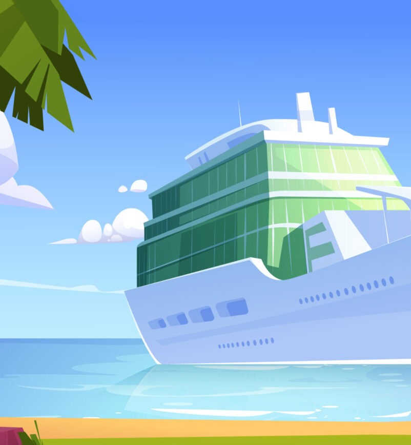 Cruise liner in ocean, modern white ship, luxury sailboat moored in sea harbor tropical island with palm trees and sandy beach. Passenger vessel on water surface at summer, Cartoon vector illustration