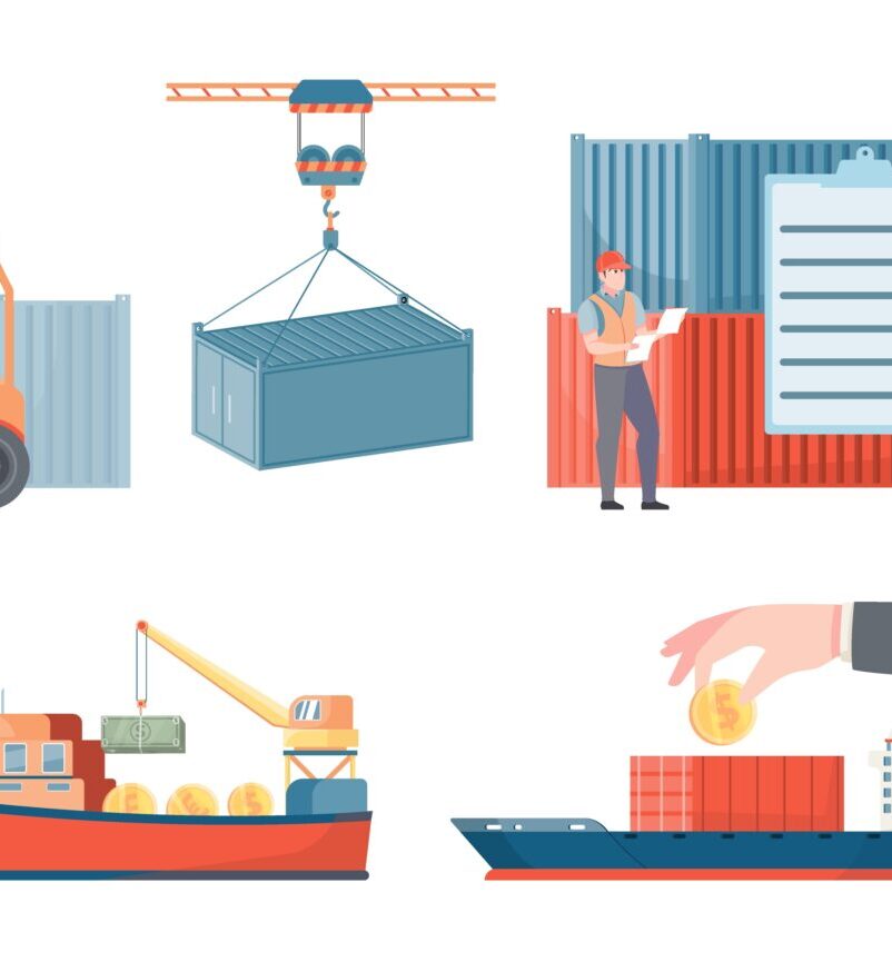 Trade ship flat icons set of delivery water transport and equipment for cargo transshipment isolated vector illustration