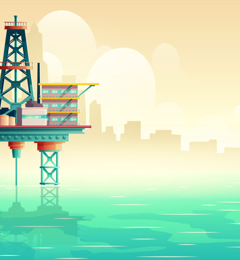 Oil platform in open sea. Oil extraction, fuel production industry offshore drilling rig in ocean with metropolis skyline, skyscrapers silhouettes in morning fog cartoon vector illustration, copyspace